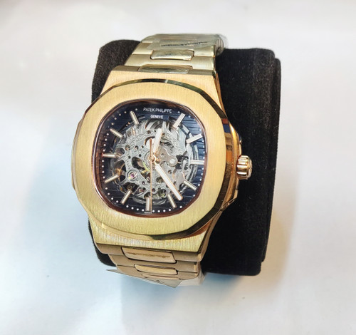 ساعت مچی مردانه PATEK PHILIPPE پتک فیلیپ ناتیلوس فلزی اتوماتیک مکانیکی اسکلتون موتور پیدا درب پشت شیشه ای بند و قاب رزگلد صفحه مشکی کد A38EAP